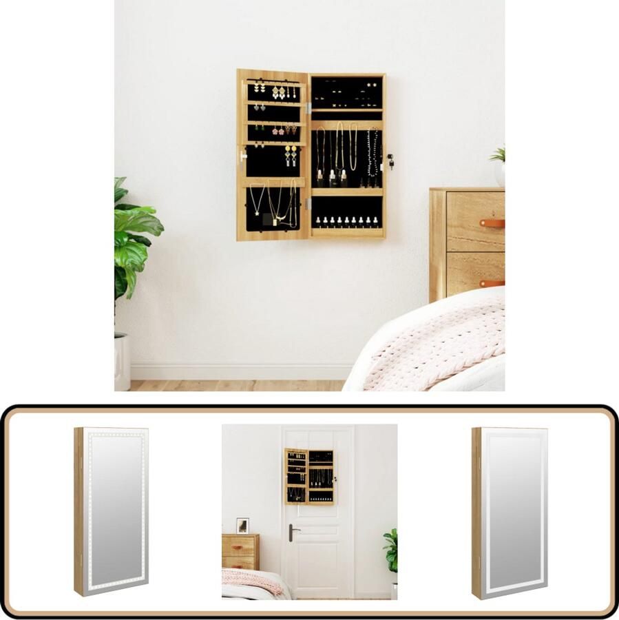 VidaXL Sieradenkast Wandmontage Met Spiegel en LED Sieraden Kast Juwelen Kasten Led Verlichting Spiegels Decoratief