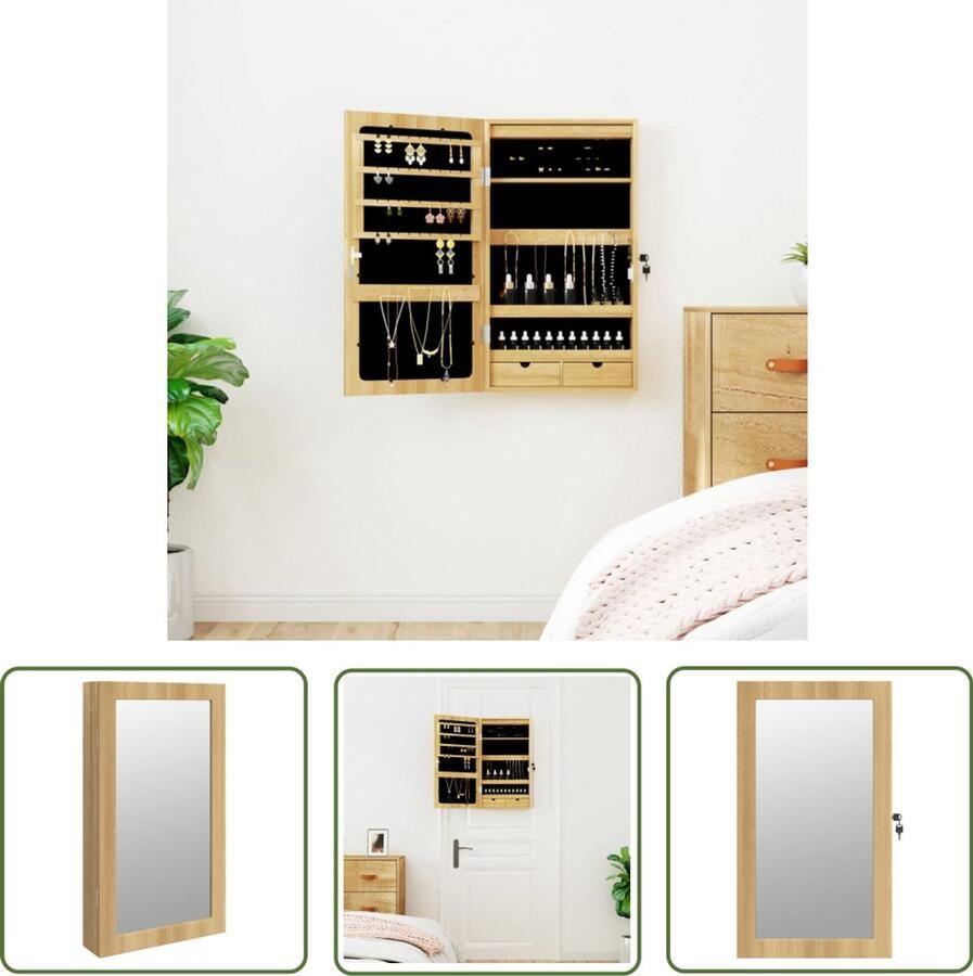 VidaXL Sieradenkast Wandmontage Met Spiegel en LED Sieraden Kast LED Verlichting Juwelen Organizer Sieradenschrank Makeup Mirror Compact Design Ruimtebesparing Houten Sieradenkast