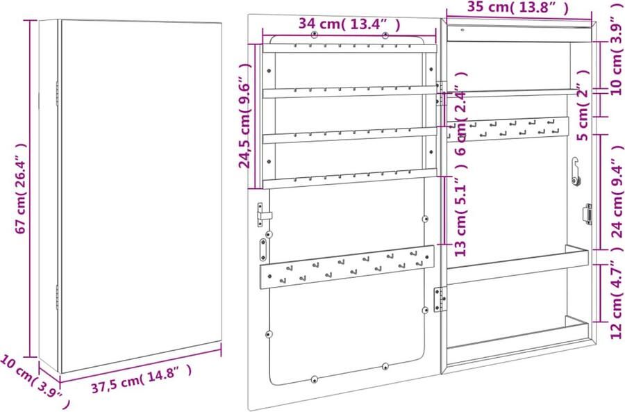 VidaXL Sieradenkast Wandmontage Spiegel Wit Sieraden Kast LED Verlichting Juwelen Organizer Sieradenschrank Makeup Mirror Compact Design Ruimtebesparend Witte Sierenkast - Foto 2