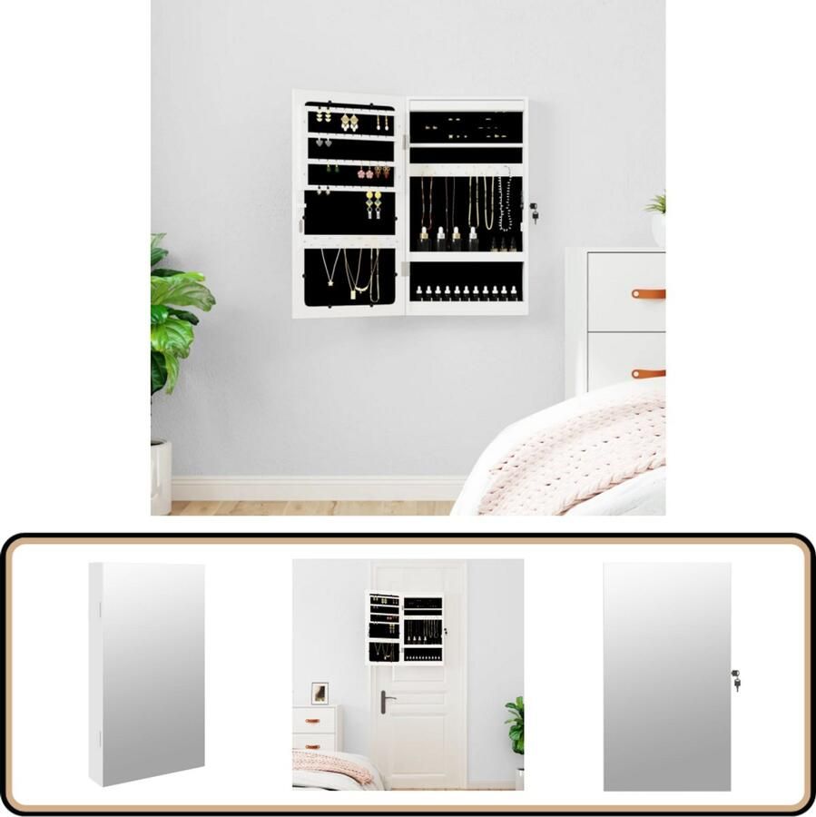 VidaXL Sieradenkast Wandmontage Spiegel Wit Sieraden Kast LED Verlichting Juwelen Organizer Sieradenschrank Makeup Mirror Compact Design Ruimtebesparend Witte Sierenkast