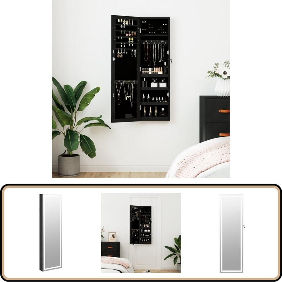 VidaXL Sieradenkast Wandmontage Zwart LED Spiegel Sieraden Kast LED Verlichting Juwelen Organizer Zwarte Sierenkast Houten Sieradenschrank