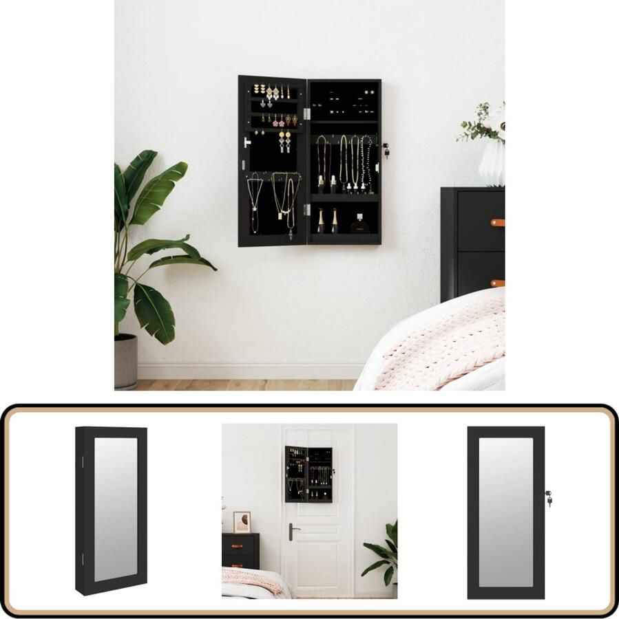 VidaXL Sieradenkast Wandmontage Zwart Sieraden Kast Sieradenschrank Juweel Organizer Juwelendoos Spiegelscherm