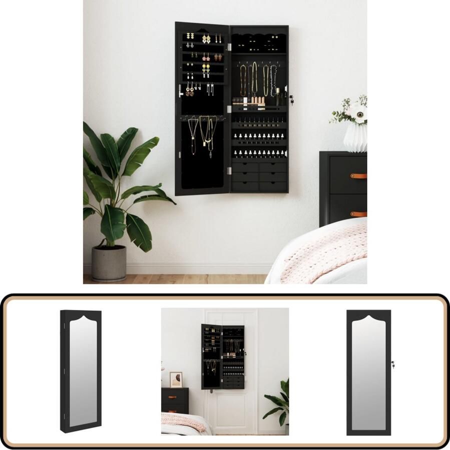 VidaXL Sieradenkast Wandmontage Zwart Sieraden Kast Sieradenschrank Juwelendoos Spiegelscherm Makeup Organizer Make Up Organiser