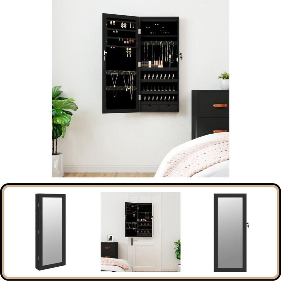 VidaXL Sieradenkast Zwart Met Spiegel en LED Sieraden Kast Juwelen Doos Led Verlichting Zwarte Sierenkast Houten Sieradenschrank Compact Sieradenrek Organizer Sieraden
