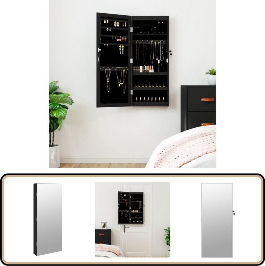 VidaXL Sieradenkast Zwart Met Spiegel en LED Sieraden Kast Juwelen Kasten Led Verlichting Sieradenschrank Juwelenschuif