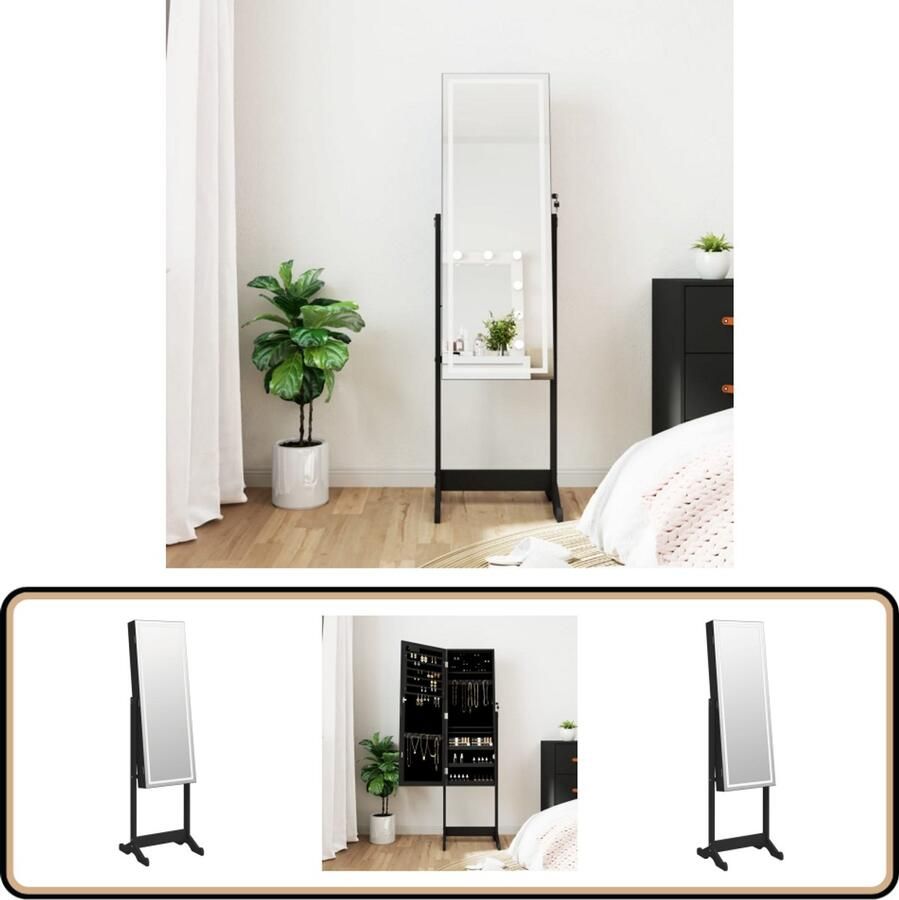 VidaXL Sieradenkast Zwart Met Spiegel en LED Sieraden Kast Juwelen Organizer Led Verlichting Spiegeltje Zwarte Sierenkast