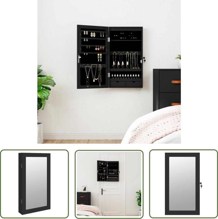 The Living Store Sieradenkast met spiegel en LED wandgemonteerd zwart Sieraden Kast Sieradenschrank Led Verlichting Houten Sieradenkast Zwarte Sieradenkast
