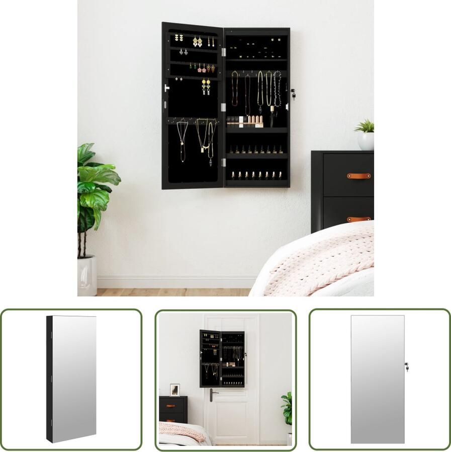 The Living Store Sieradenkast met spiegel en LED wandgemonteerd zwart Sieraden Kast Sieradenschrank Led Verlichting Zwarte Sierenkast Houten Sieradenkast