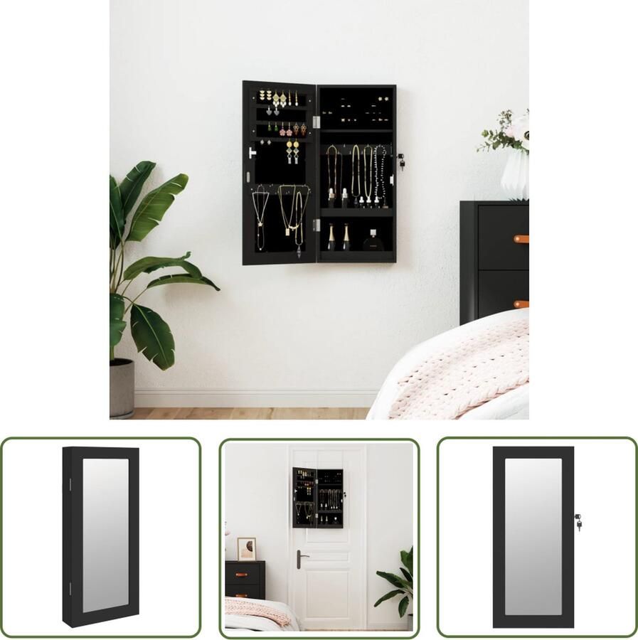 The Living Store Sieradenkast met spiegel wandgemonteerd 30x8 5x67 cm zwart Sieraden Kast Sieradenschrank Spiegelschrank Juwelendoos Sieraden Organizer