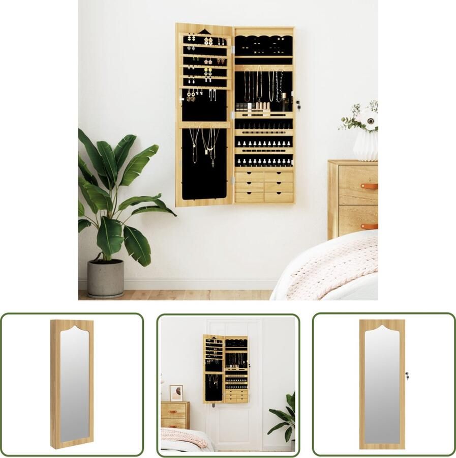 The Living Store Sieradenkast Bewerkt hout 37.5 x 10 x 106 cm Afsluitbaar Sieraden Kast Sieradenschrank Juweel Organizer Juwelendoos Spiegeltje
