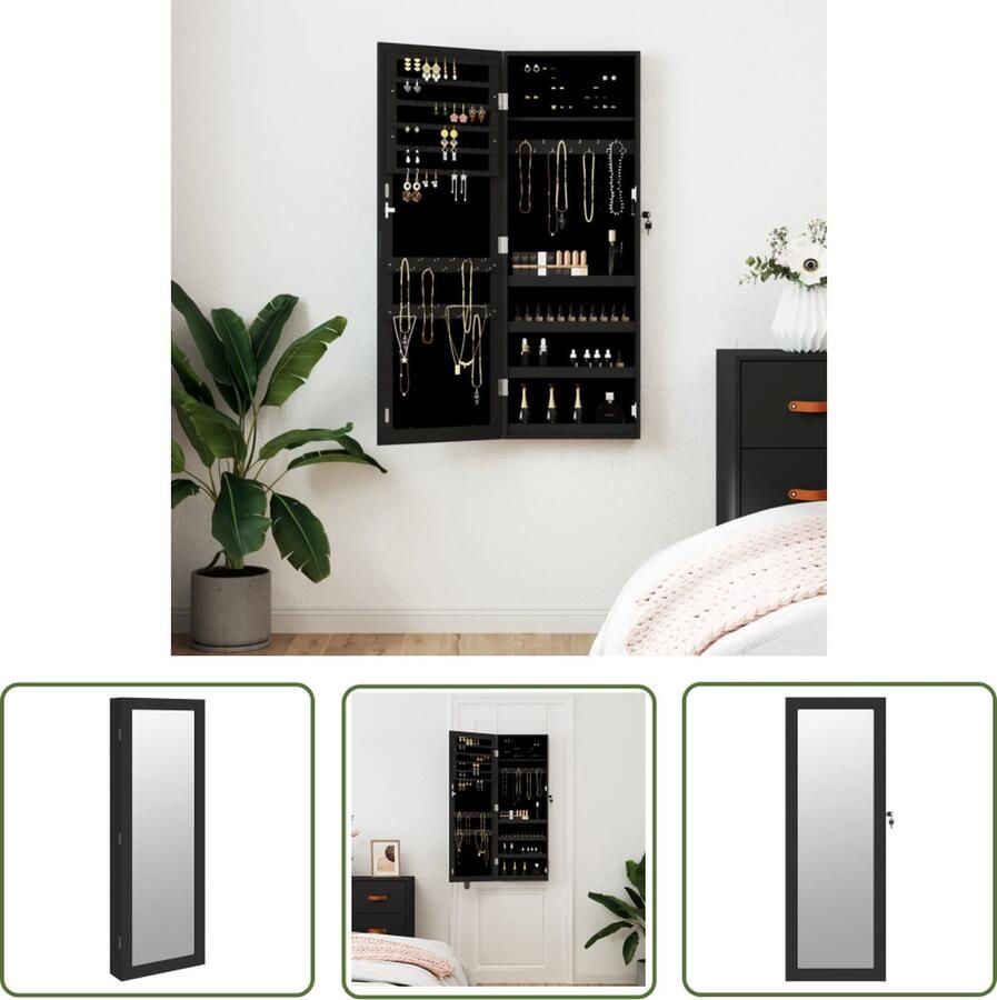 The Living Store Sieradenkast met spiegel Bewerkt hout Ruime opbergruimte Afsluitbaar Zwart 37.5 x 10 x 106cm Sieraden Kast Sieradenschrank Juwelenkoffer Spiegeltje Badkamer Accessoire