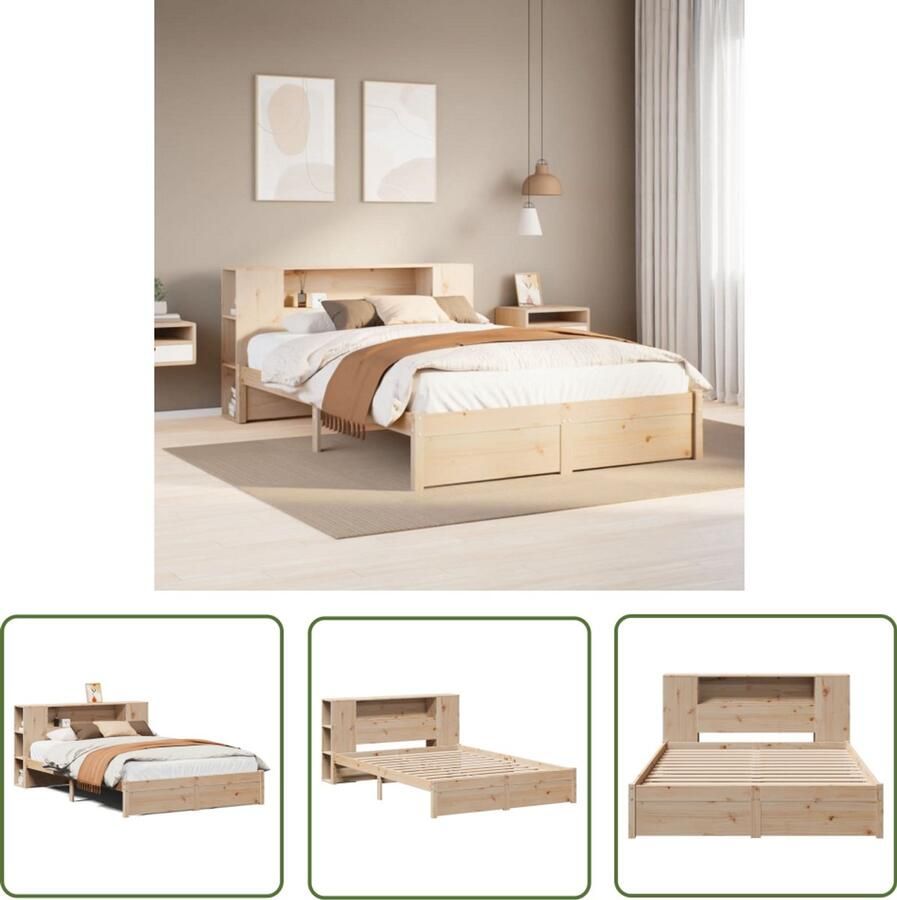 VidaXL Slaap Kamer Meubel Massief Houten Bed met boekenkast zonder matras massief grenenhout 140x200 cm Boekenkast Bed Grenen Hout Bed Tweepersoons Bed