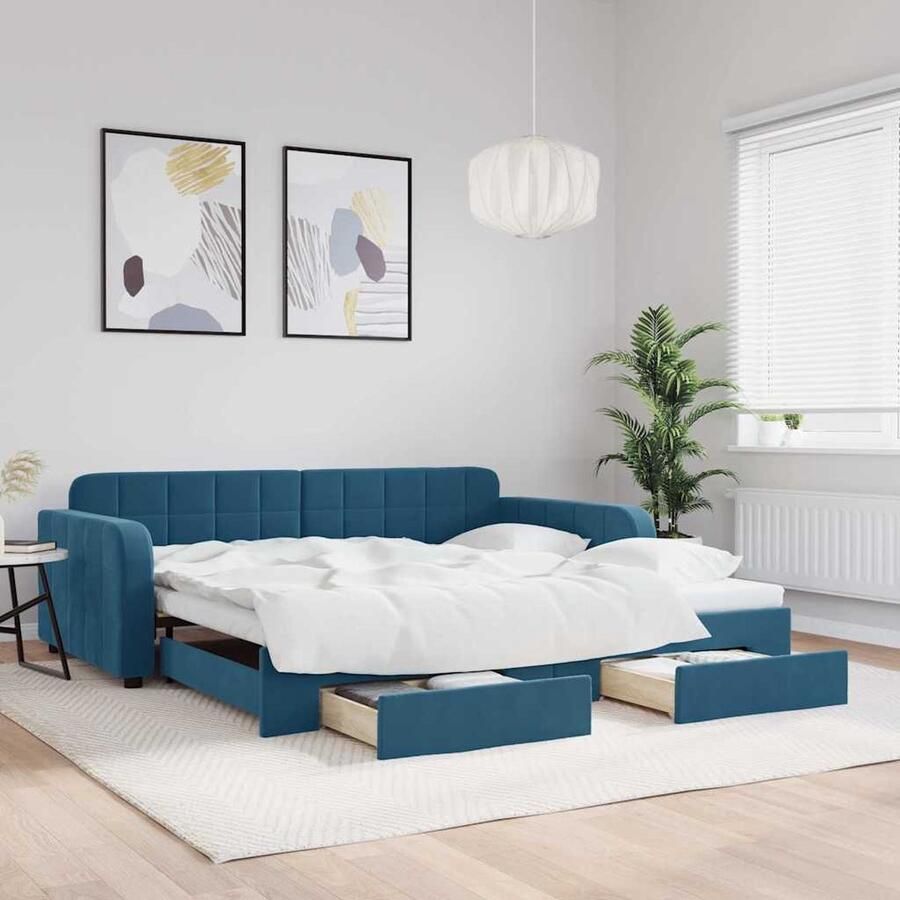 VidaXL Slaapbank 100x200 cm Fluweel Blauw Slaapbank Onderschuifbed Tweepersoonsbed Lounge Sofa Multifunctioneel Meubilair Blauwe Sofa Fluweelsofa Stoffen Bank Compact Bed Guest Bed Opslagruimte Boxspring Zonder Matras