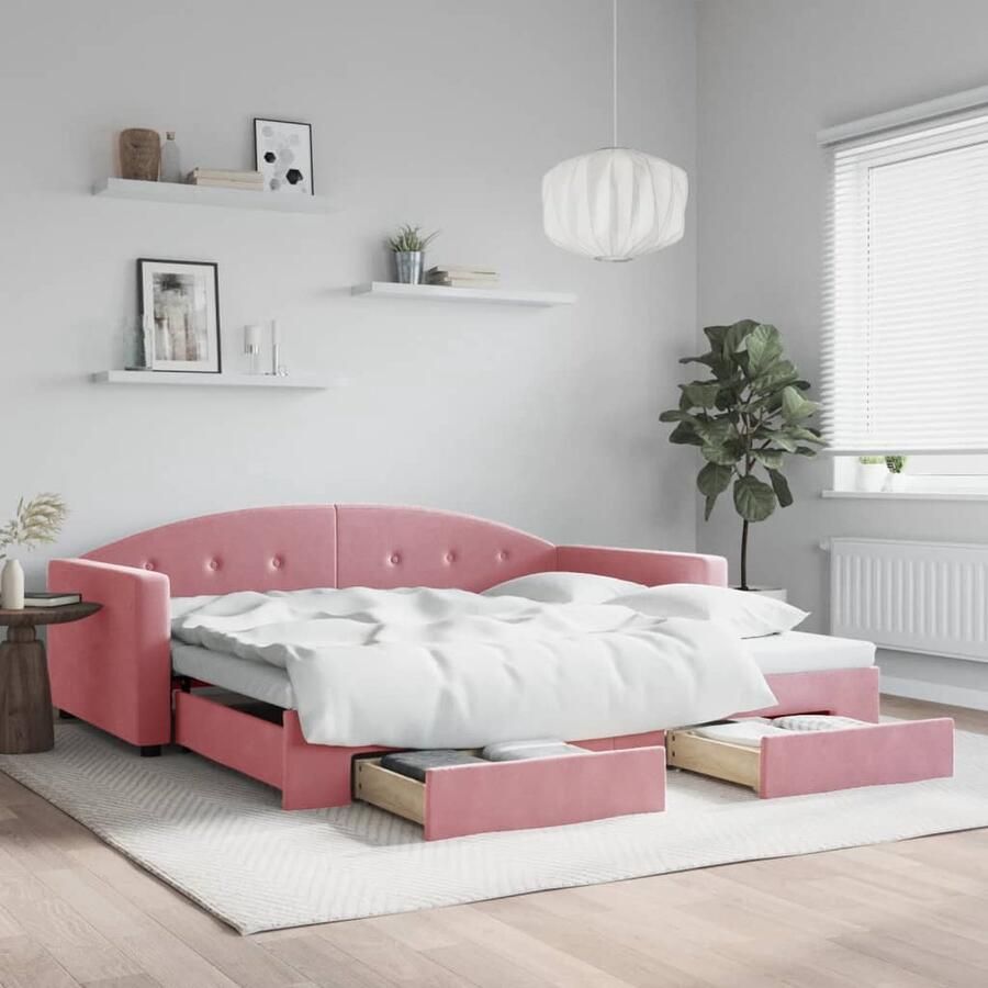 VidaXL Slaapbank 100x200 cm Fluweel Roze Slaapbank Tweepersoonsbed Onderschuifbed Boxspring Lounge Sofa Multifunctioneel Meubilair Rozerode Bank Stoffen Bank Design Bank Living Room Furniture Bedroom Furniture - Foto 2