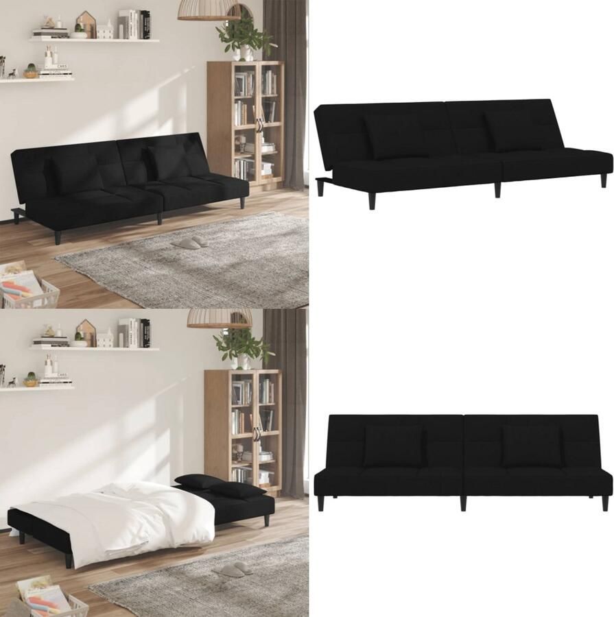 VidaXL Slaapbank 2-zits met 2 kussens fluweel zwart Slaapbank Slaapbanken Slaap Bank Bedbank