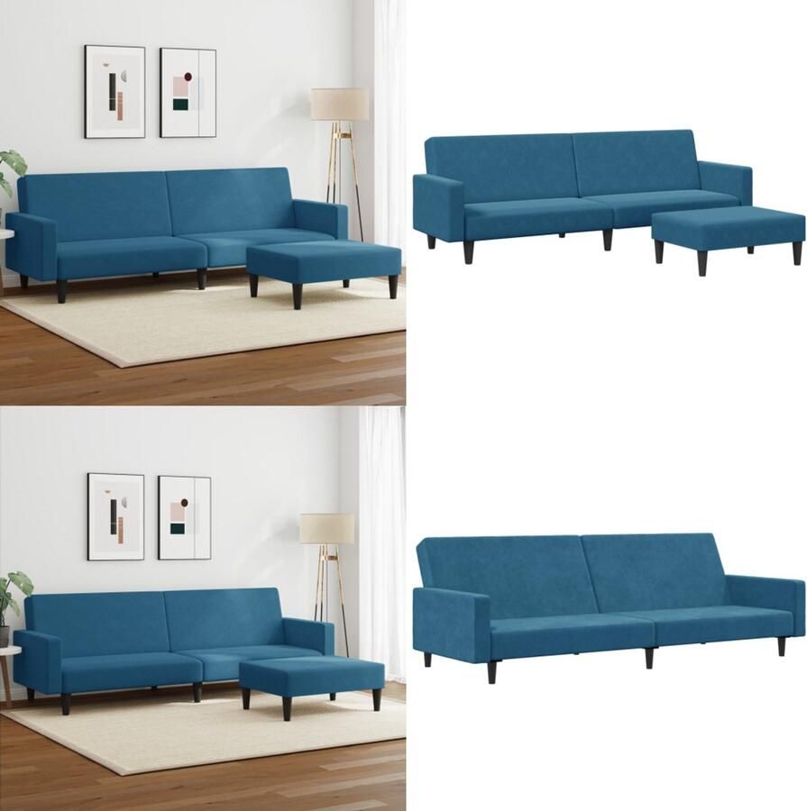 VidaXL Slaapbank 2-zits met voetenbank fluweel blauw Slaapbank Slaapbanken Slaap Bank Bedbank