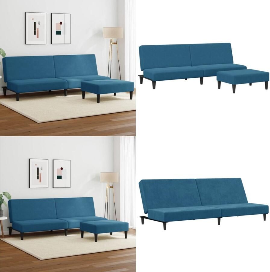 VidaXL Slaapbank 2-zits met voetenbank fluweel blauw Slaapbank Slaapbanken Slaap Bank Bedbank