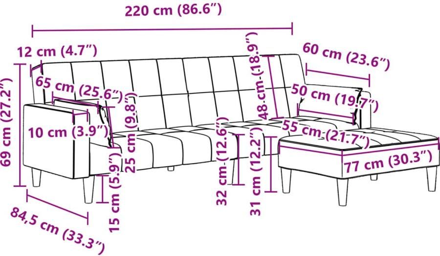 VidaXL Slaapbank 2-zits met voetenbank fluweel lichtgrijs