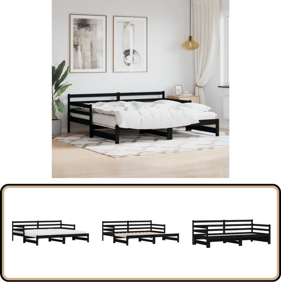 VidaXL Slaapbank 90x200 cm Grenenhout Zwart Slaapbank Onderschuifbed Tweepersoonsbed Houten Meubels Grenenhouten Meubelen