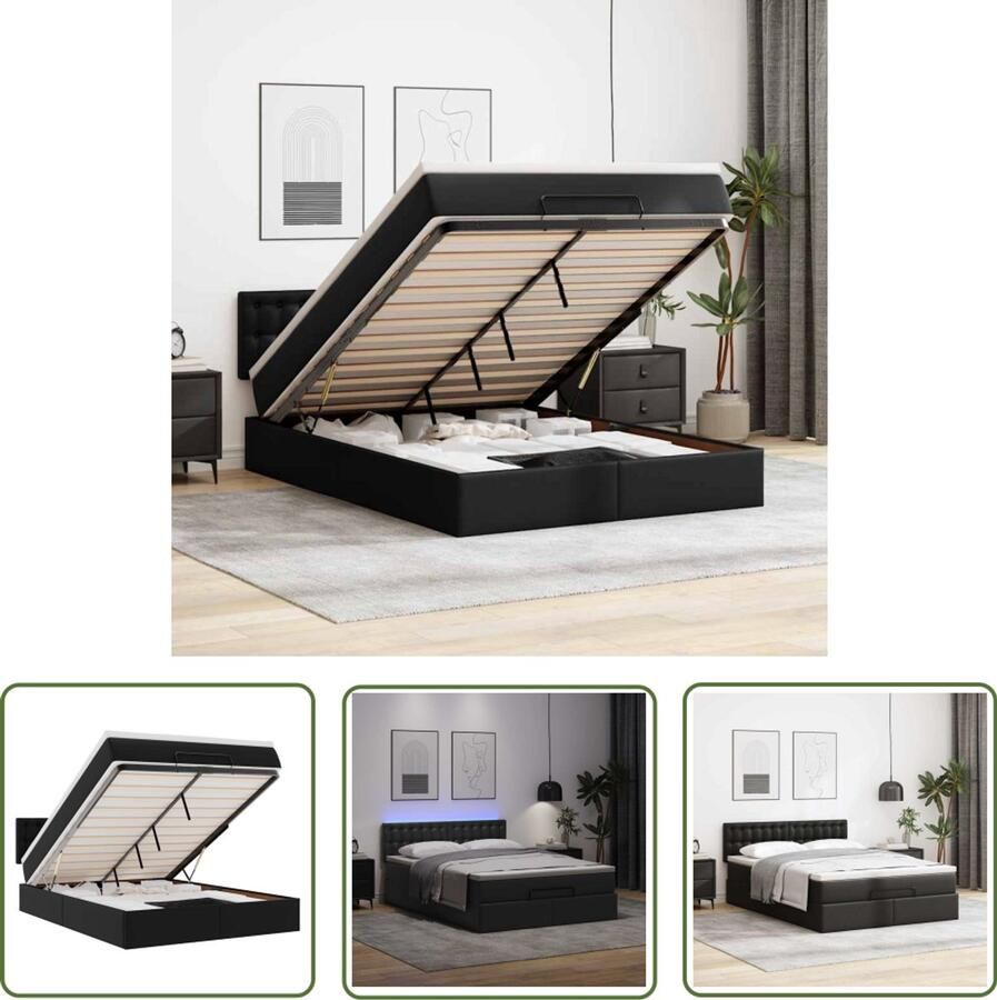 VidaXL Slaapbank Bedpoef Bed poef met matrassen en LED's 140x190cm kunstleer zwart Boxspring Led Lampen Slaapcomfort