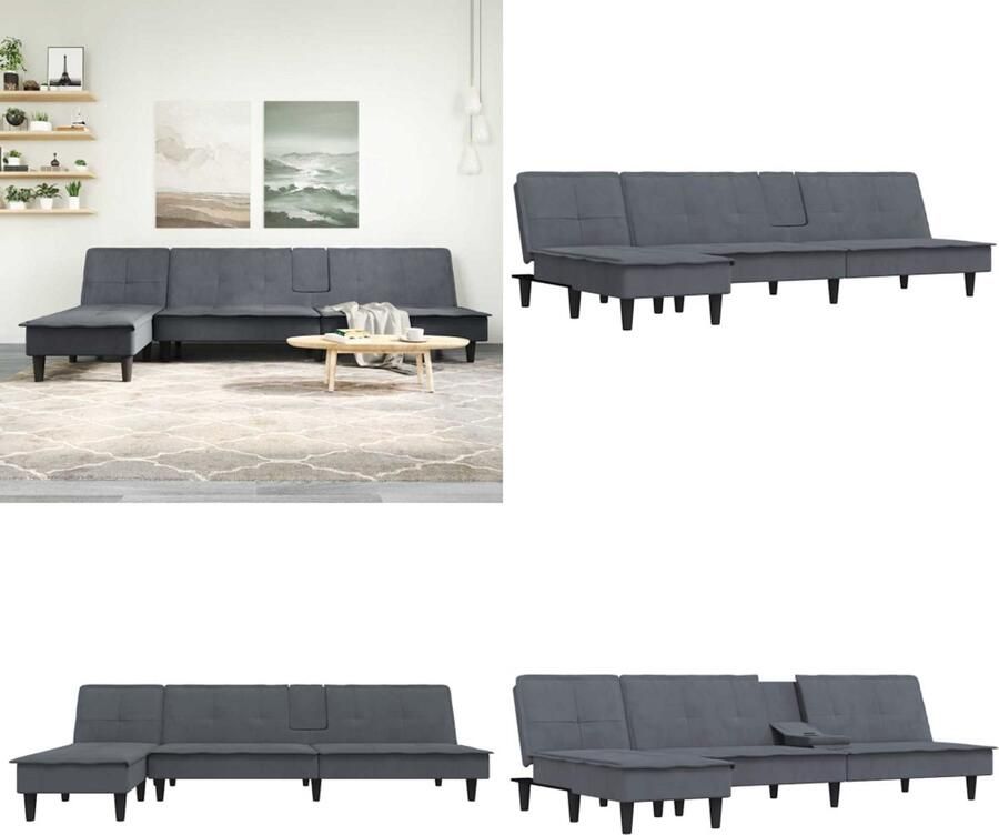 VidaXL Slaapbank L-vormig 255x140x70 cm fluweel donkergrijs L-vormige Slaapbank L-vormige Slaapbanken Slaapbank Inklapbare Slaapbank