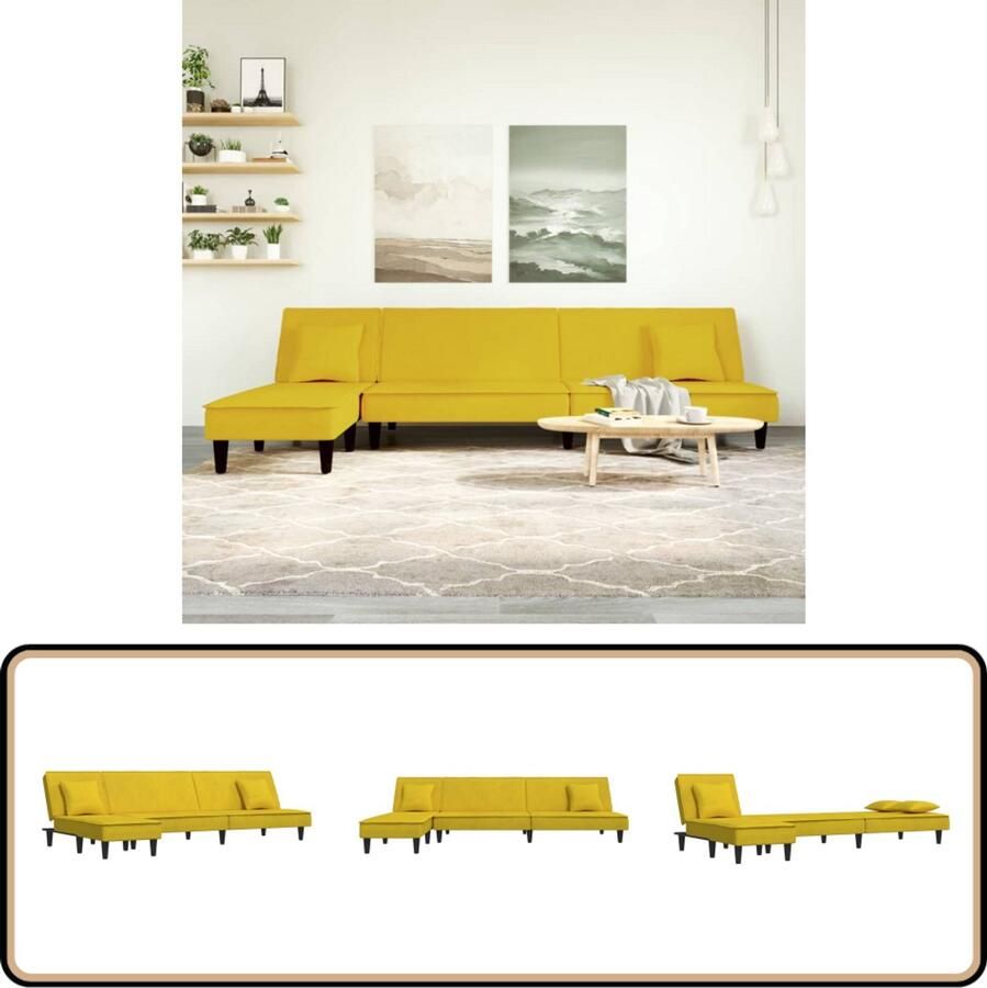 VidaXL Slaapbank L-vormig 255x140x70 cm Fluweel Geel Slaapbank Kanapé-bed Hoekbank Lounge Sofa Gele Meubels