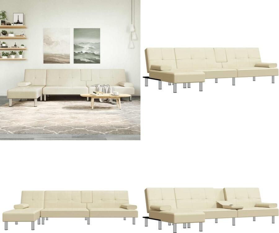 VidaXL Slaapbank L-vormig 255x140x70 cm kunstleer crèmekleurig L-vormige Slaapbank L-vormige Slaapbanken Slaapbank Inklapbare Slaapbank