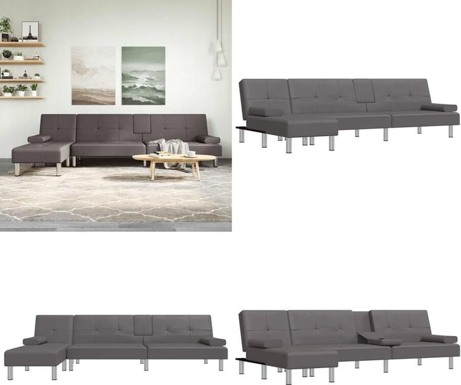 VidaXL Slaapbank L-vormig 255x140x70 cm kunstleer grijs L-vormige Slaapbank L-vormige Slaapbanken Slaapbank Inklapbare Slaapbank