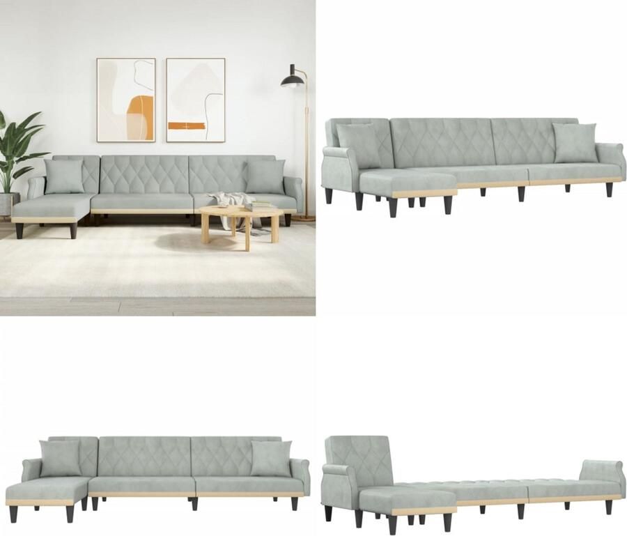 VidaXL Slaapbank L-vormig 271x140x70 cm fluweel lichtgrijs L-vormige Slaapbank L-vormige Slaapbanken Slaapbank Inklapbare Slaapbank