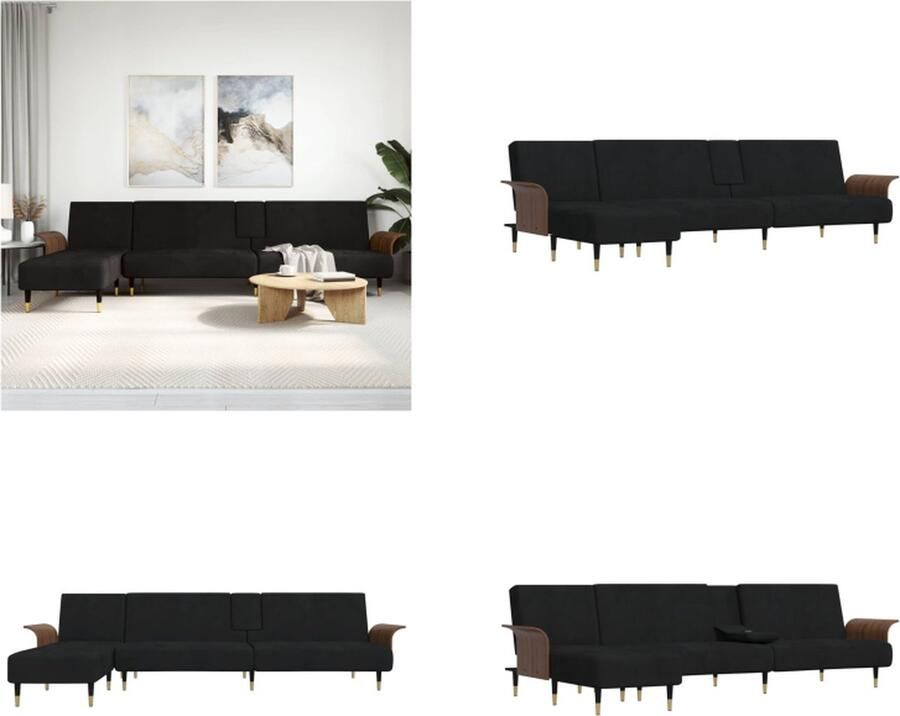 VidaXL Slaapbank L-vormig 279x140x70 cm fluweel zwart L-vormige Slaapbank L-vormige Slaapbanken Slaapbank Dag Slaapbank
