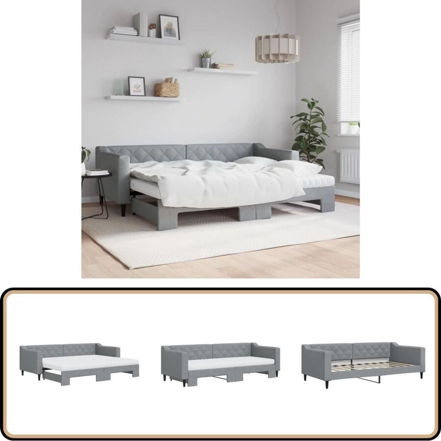 VidaXL Slaapbank Lichtgrijs Met onderschuifbed Slaapbank Sofa Bed Onderschuifbed Boxspring Meubels Living Room Furniture Bedroom Furniture Licht Grijs Stoffen Bank Compacte Bank Guest Bed Multifunctional Furniture