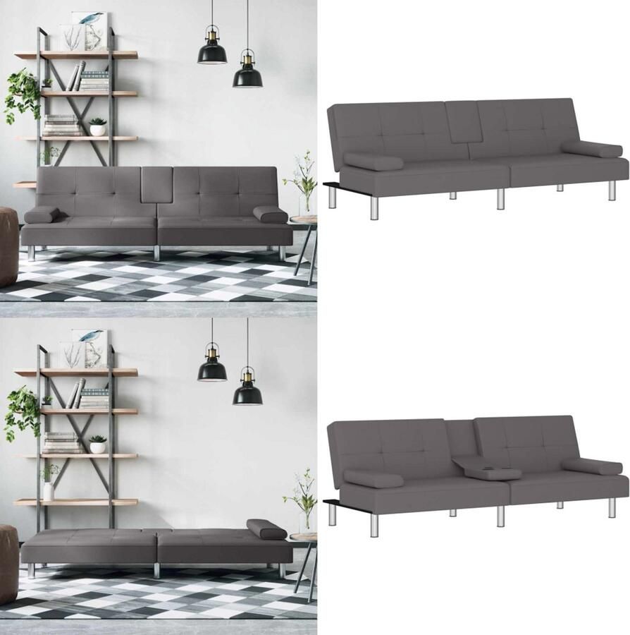 VidaXL Slaapbank met bekerhouders kunstleer grijs Slaapbank Slaapbanken Slaap Bank Bedbank