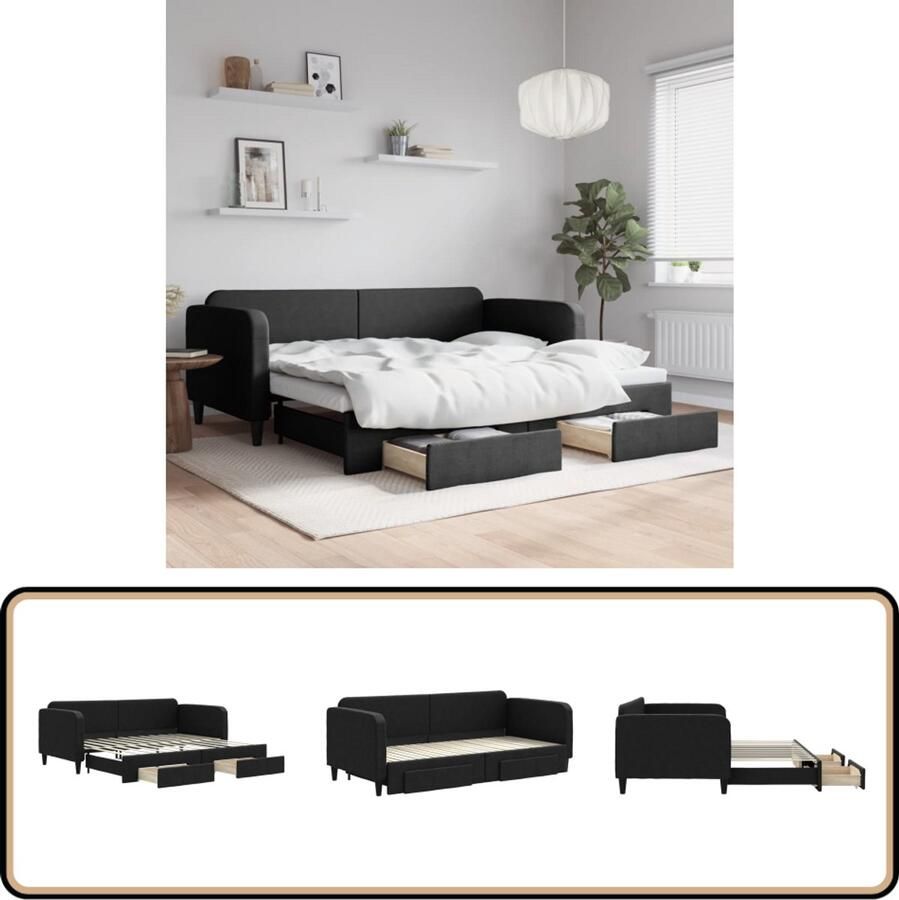 VidaXL Slaapbank met lades 90x200 cm Zwart Slaapbank Sofa Bed Tweepersoons Bed Onderschuifbed Boxspring