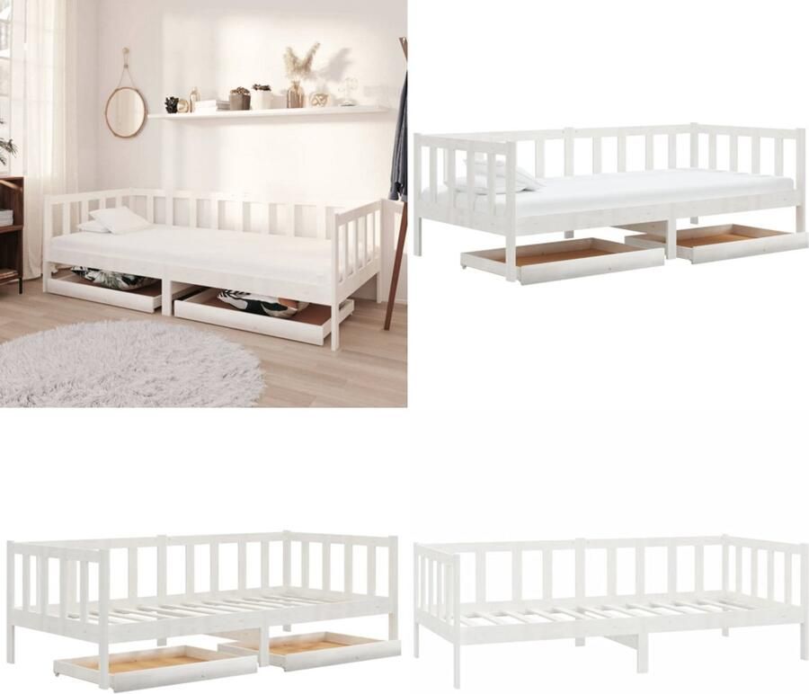 VidaXL Slaapbank met lades massief grenenhout wit 90x200 cm Bedbank Bedbanken Bed Bank Bed Banken