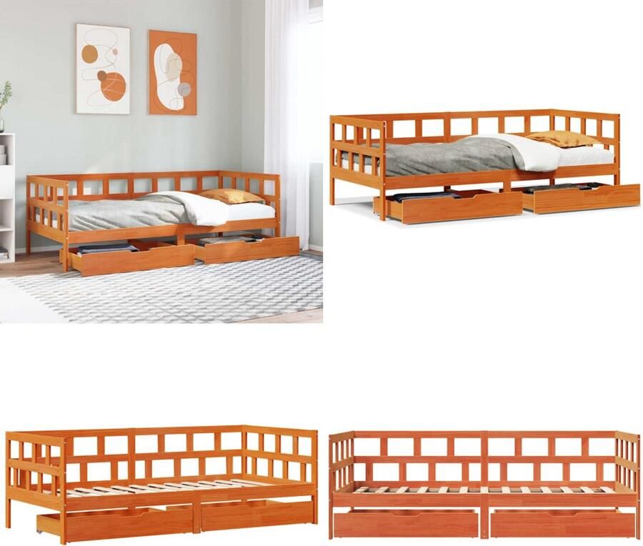 VidaXL Slaapbank met lades zonder matras 90x200 cm hout wasbruin Slaapbank Slaapbanken Bedbank Bankbed