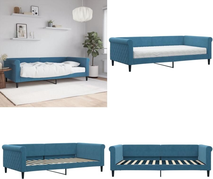 VidaXL Slaapbank met matras 100x200 cm fluweel blauw Slaapbank Met Matras Slaapbanken Met Matrassen Slaapbank Bedbank