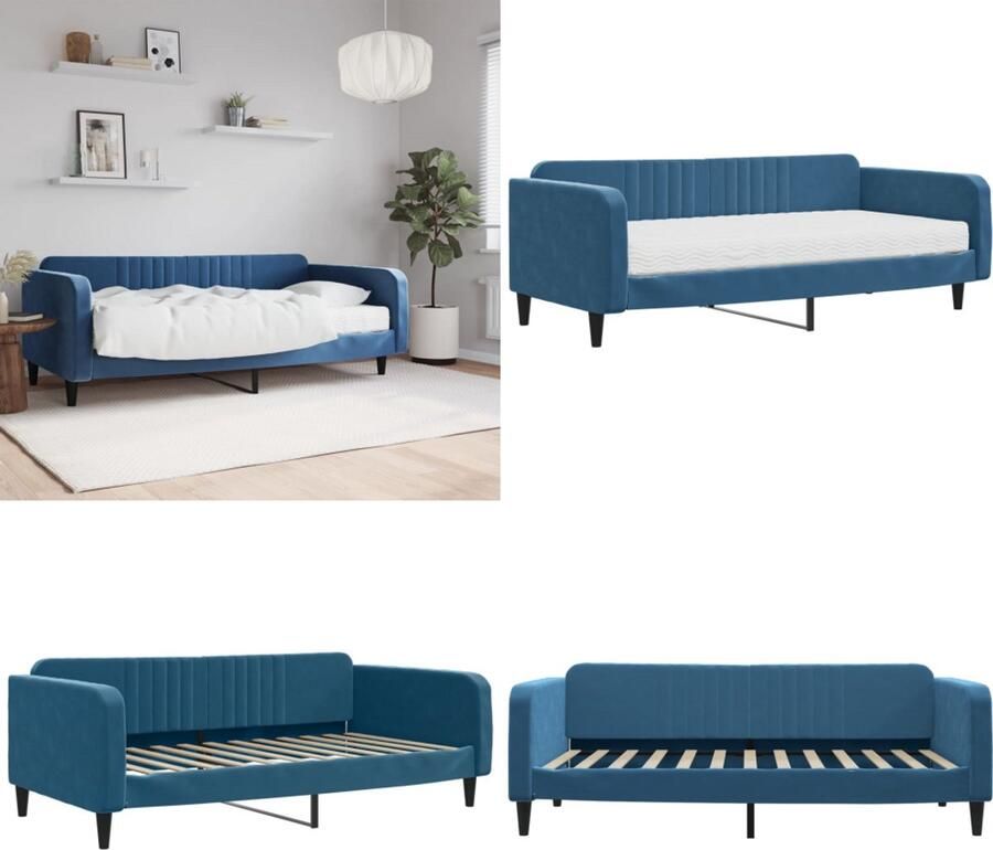 VidaXL Slaapbank met matras 100x200 cm fluweel blauw Slaapbank Met Matras Slaapbanken Met Matrassen Slaapbank Bedbank