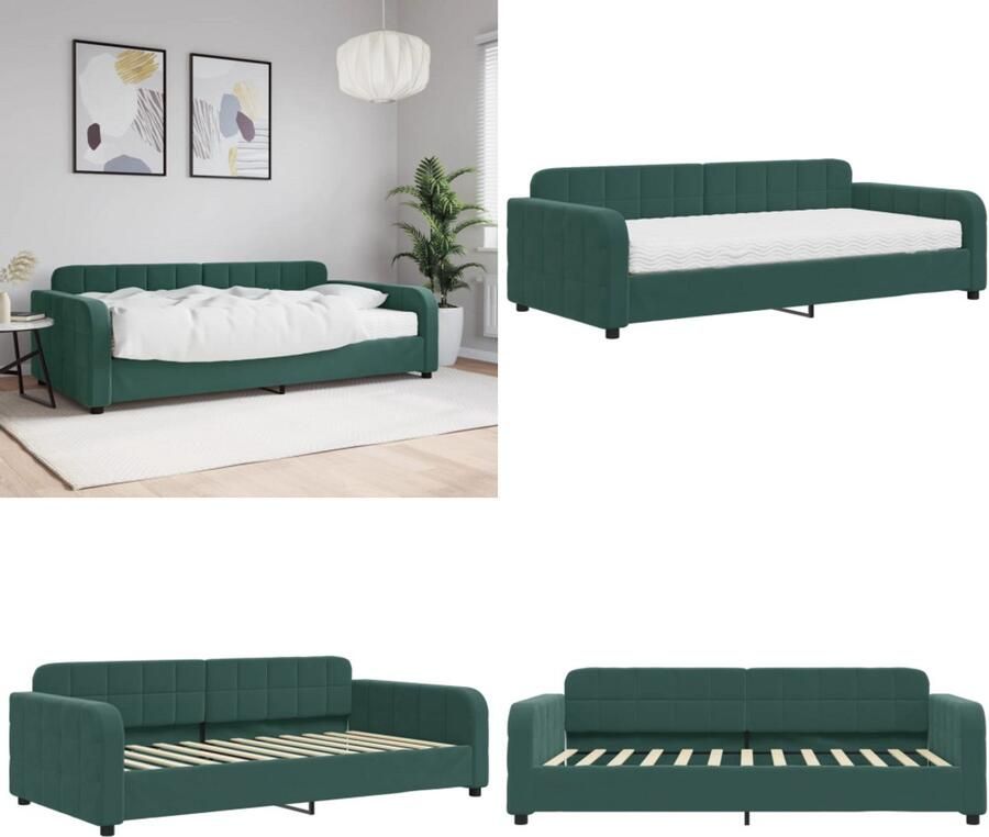 VidaXL Slaapbank met matras 100x200 cm fluweel donkergroen Slaapbank Met Matras Slaapbanken Met Matrassen Slaapbank Bedbank
