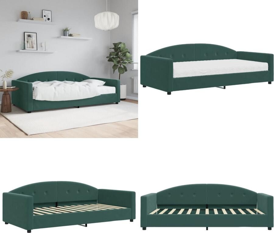VidaXL Slaapbank met matras 100x200 cm fluweel donkergroen Slaapbank Met Matras Slaapbanken Met Matrassen Slaapbank Bedbank