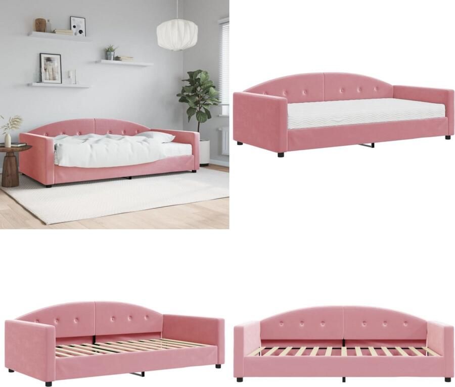VidaXL Slaapbank met matras 100x200 cm fluweel roze Slaapbank Met Matras Slaapbanken Met Matrassen Slaapbank Bedbank