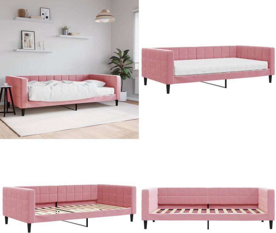 VidaXL Slaapbank met matras 100x200 cm fluweel roze Slaapbank Met Matras Slaapbanken Met Matrassen Slaapbank Bedbank