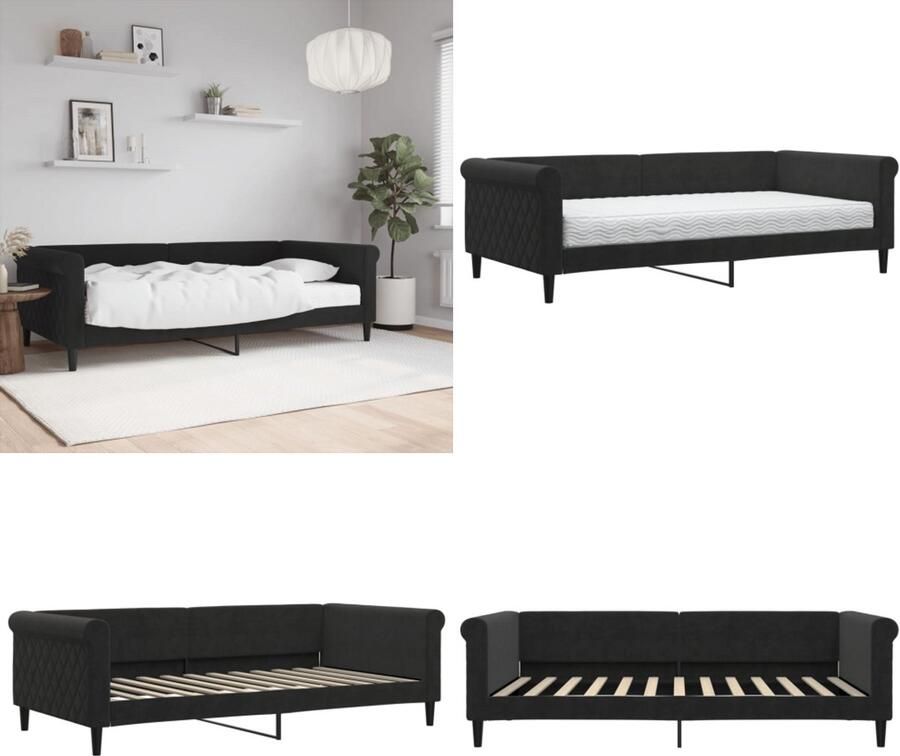 VidaXL Slaapbank met matras 100x200 cm fluweel zwart Slaapbank Met Matras Slaapbanken Met Matrassen Slaapbank Bedbank