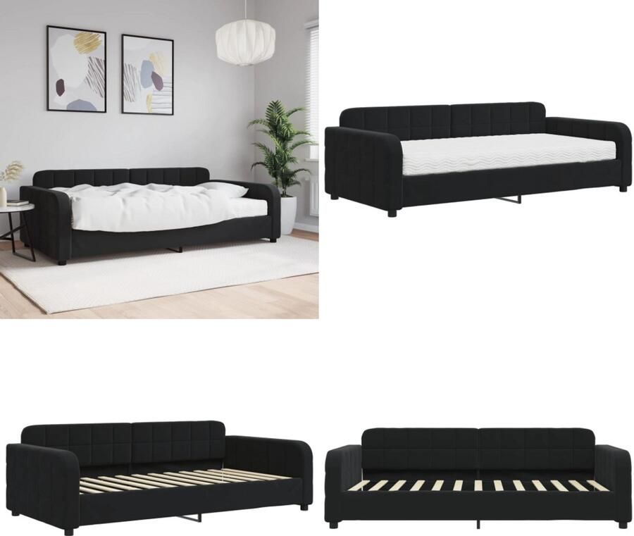 VidaXL Slaapbank met matras 100x200 cm fluweel zwart Slaapbank Met Matras Slaapbanken Met Matrassen Slaapbank Bedbank