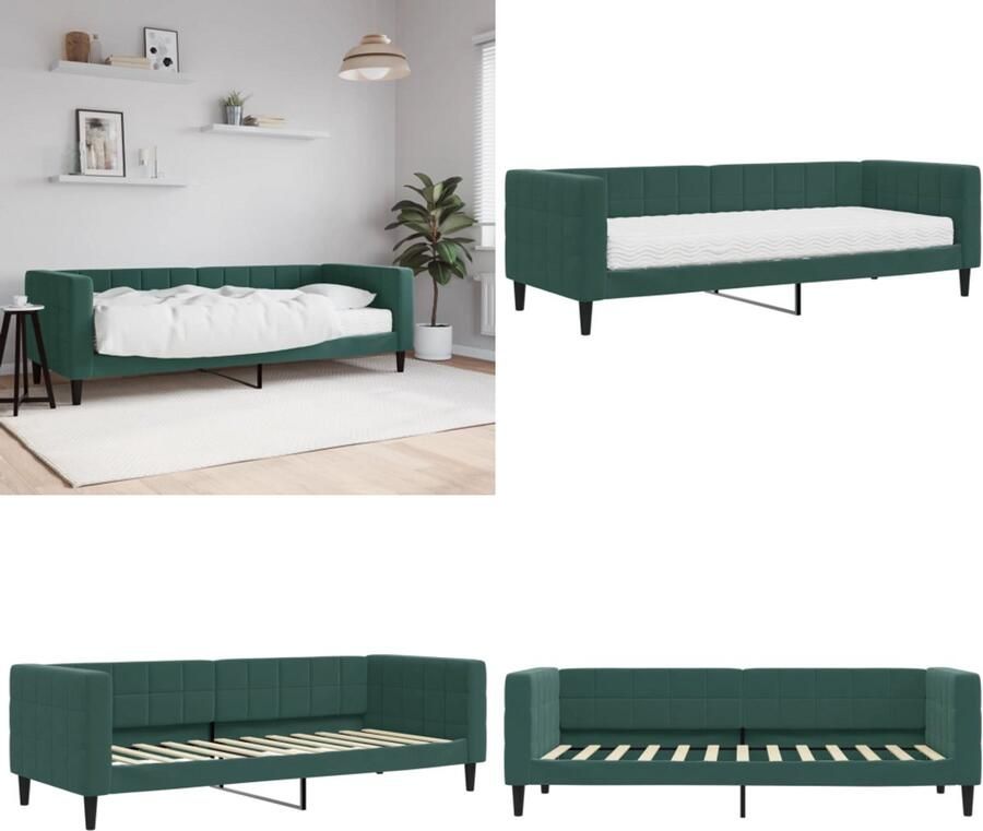VidaXL Slaapbank met matras 80x200 cm fluweel donkergroen Slaapbank Met Matras Slaapbanken Met Matrassen Slaapbank Bedbank