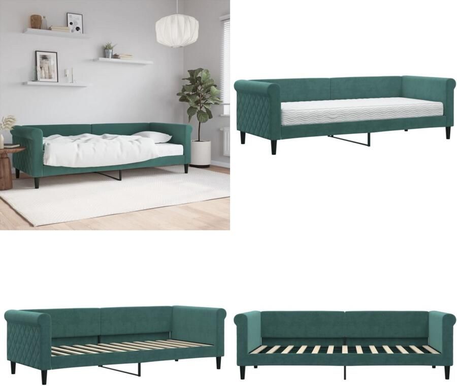 VidaXL Slaapbank met matras 80x200 cm fluweel donkergroen Slaapbank Met Matras Slaapbanken Met Matrassen Slaapbank Bedbank