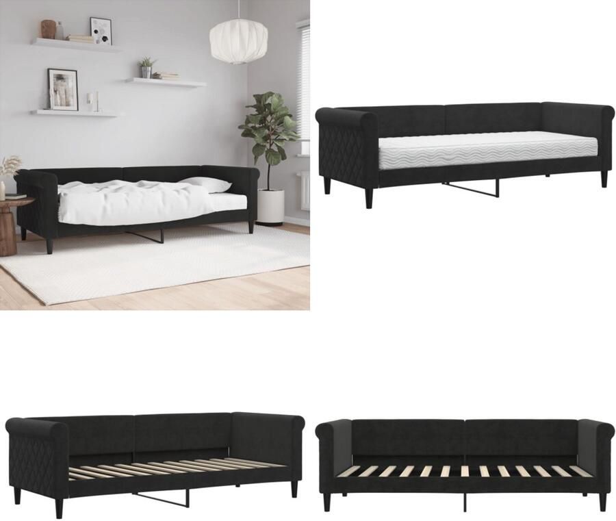 VidaXL Slaapbank met matras 80x200 cm fluweel zwart Slaapbank Met Matras Slaapbanken Met Matrassen Slaapbank Bedbank