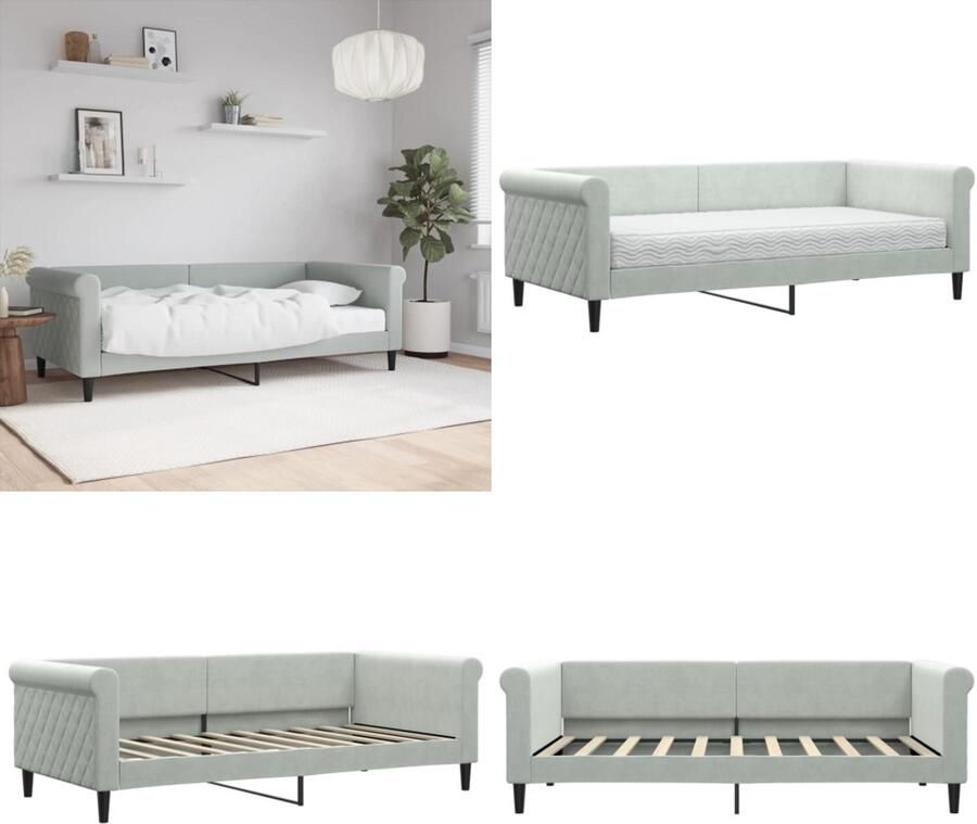 VidaXL Slaapbank met matras 90x190 cm fluweel lichtgrijs Slaapbank Met Matras Slaapbanken Met Matrassen Slaapbank Bedbank