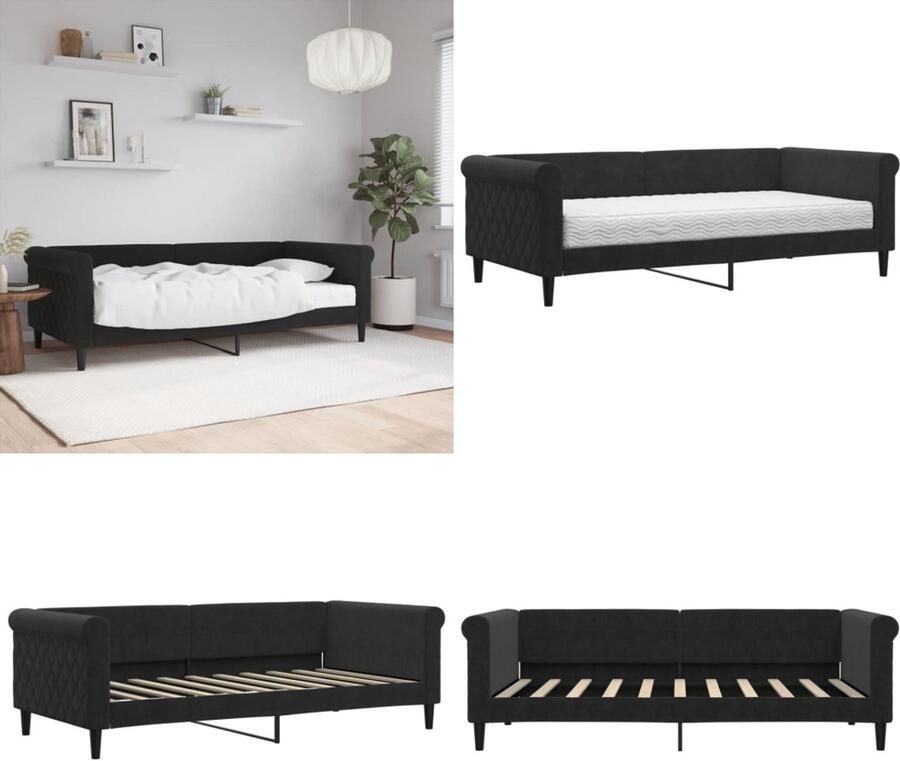 VidaXL Slaapbank met matras 90x190 cm fluweel zwart Slaapbank Met Matras Slaapbanken Met Matrassen Slaapbank Bedbank