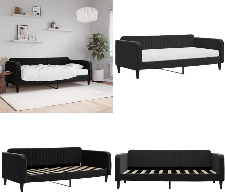 VidaXL Slaapbank met matras 90x190 cm fluweel zwart Slaapbank Met Matras Slaapbanken Met Matrassen Slaapbank Bedbank