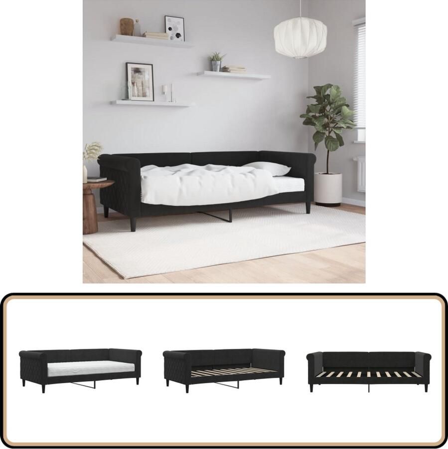 VidaXL Slaapbank met matras 90x190 cm Fluweel Zwart Slaapbank Tweepersoonsbed Zwarte Slaapbank Velvet Sofa Bed Lounge Bed Guest Bed Multifunctionele Meubels